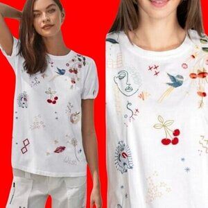 Johnny Was White Embroidered Short Sleeve Tee